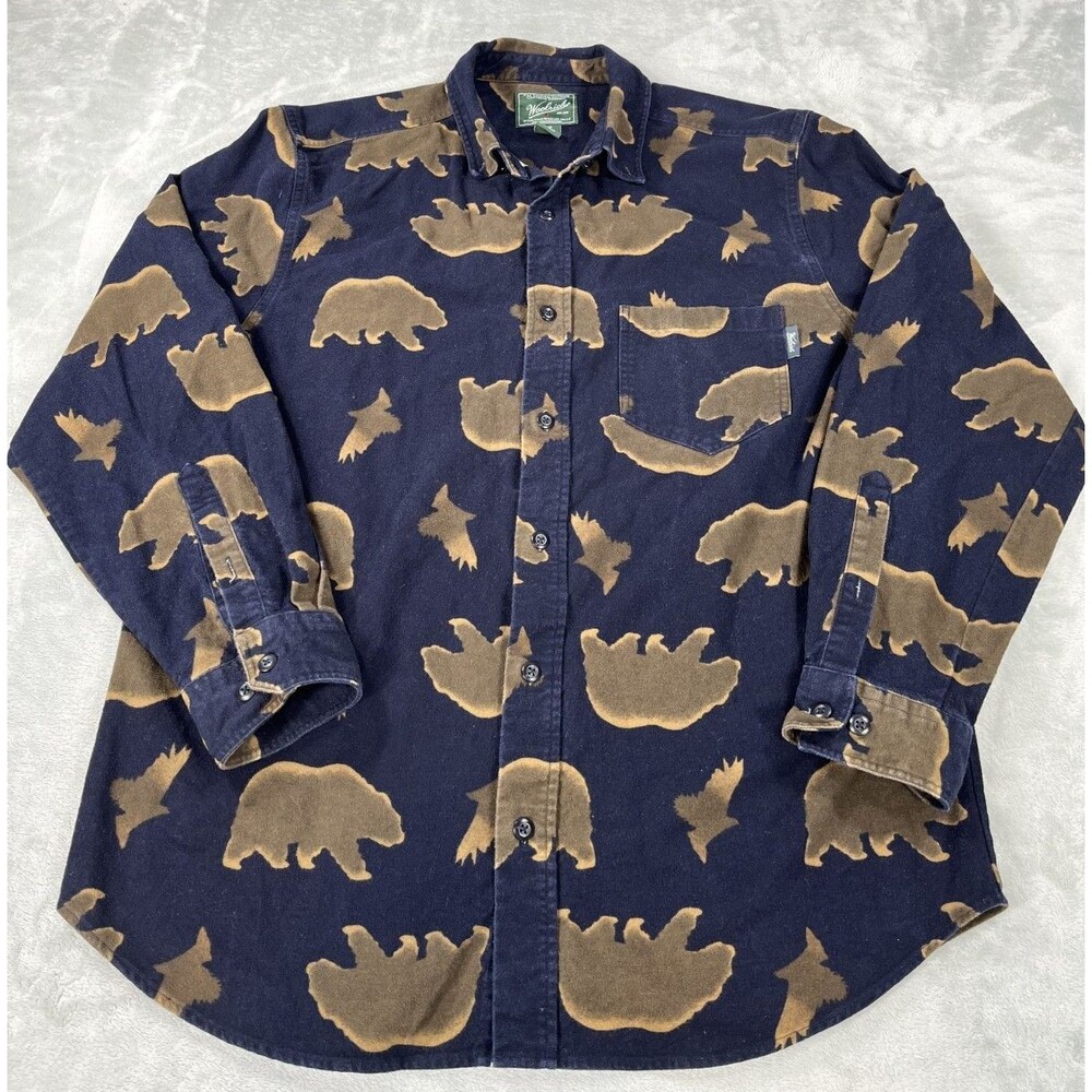 Vintage Woolrich Bear All Over Print Shirt Mens L Navy Blue Long Sleeve Cotton